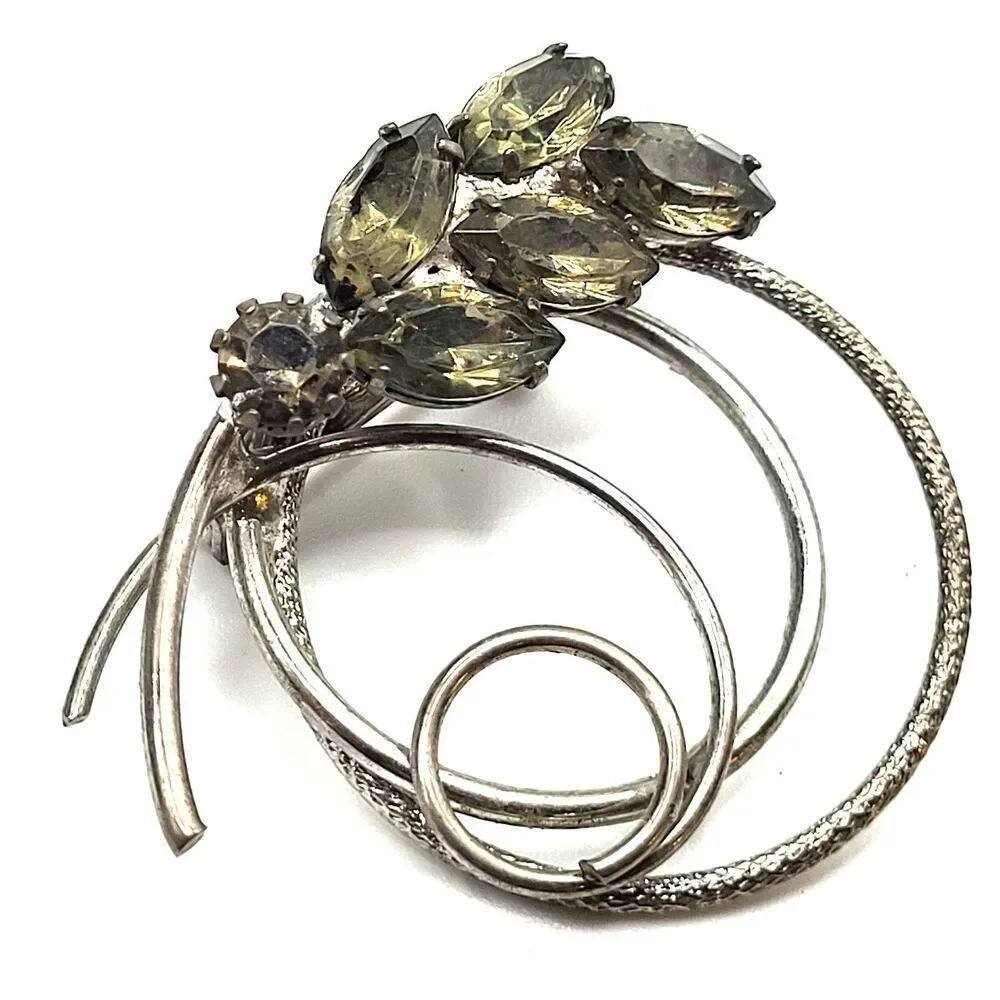 Vintage Leaf Loop Periodot Crystal Brooch Pin  1.5in